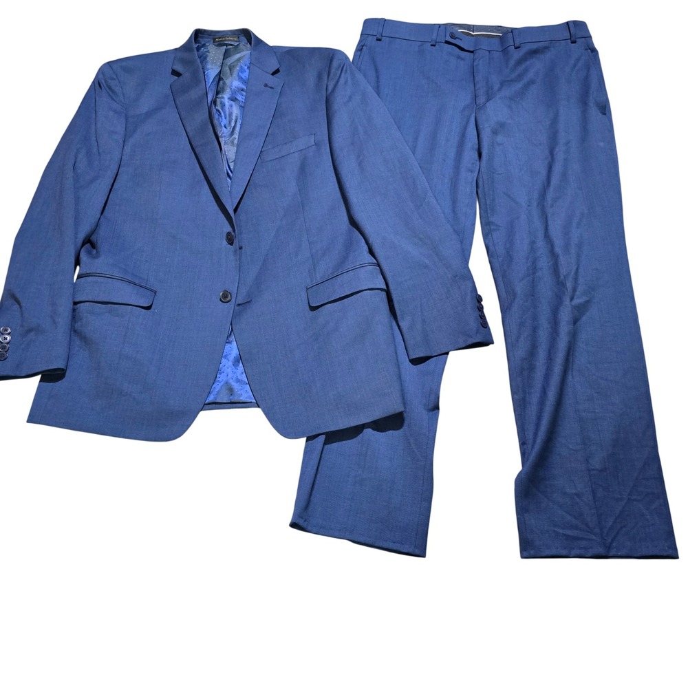 Michael Strahan Suit Mens jacket 42L pants 36x30 Blue Wool Blend 2-Button Blazer
